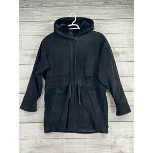 Wilsons Leather Suede Hooded Overcoat Womens Medium Black Faux Fur Lined